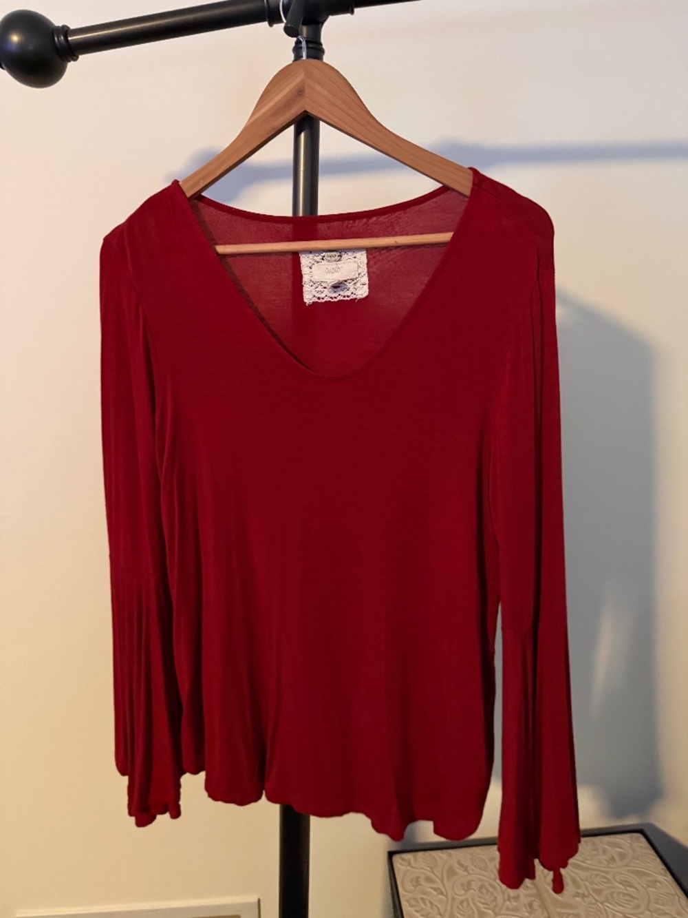 Cupio Crimson Red Deep V-Neck Flared Bell Sleeve Tunic Top Blouse